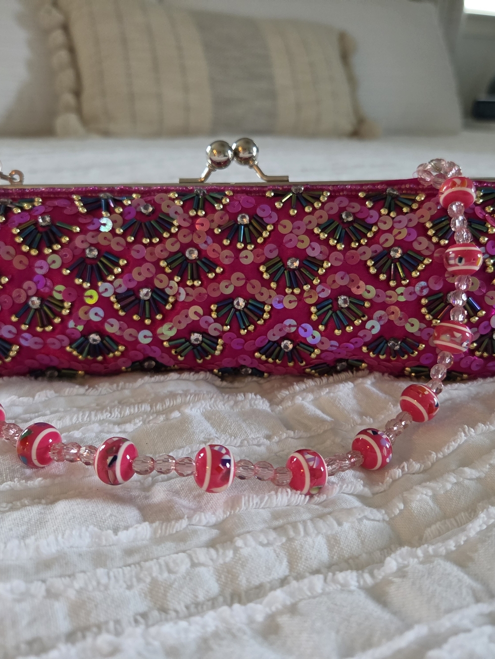 Beaded Pink Sequin Evening Clutch with Decorative Strap
